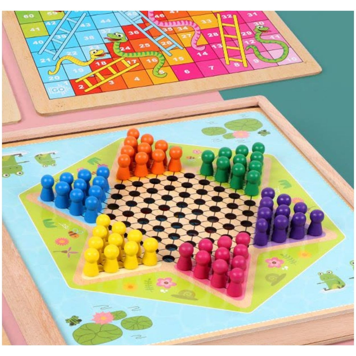 Tablero Multijuego De Madera 4 En 1 Serpientes Escaleras Ludo Y Damas - 3