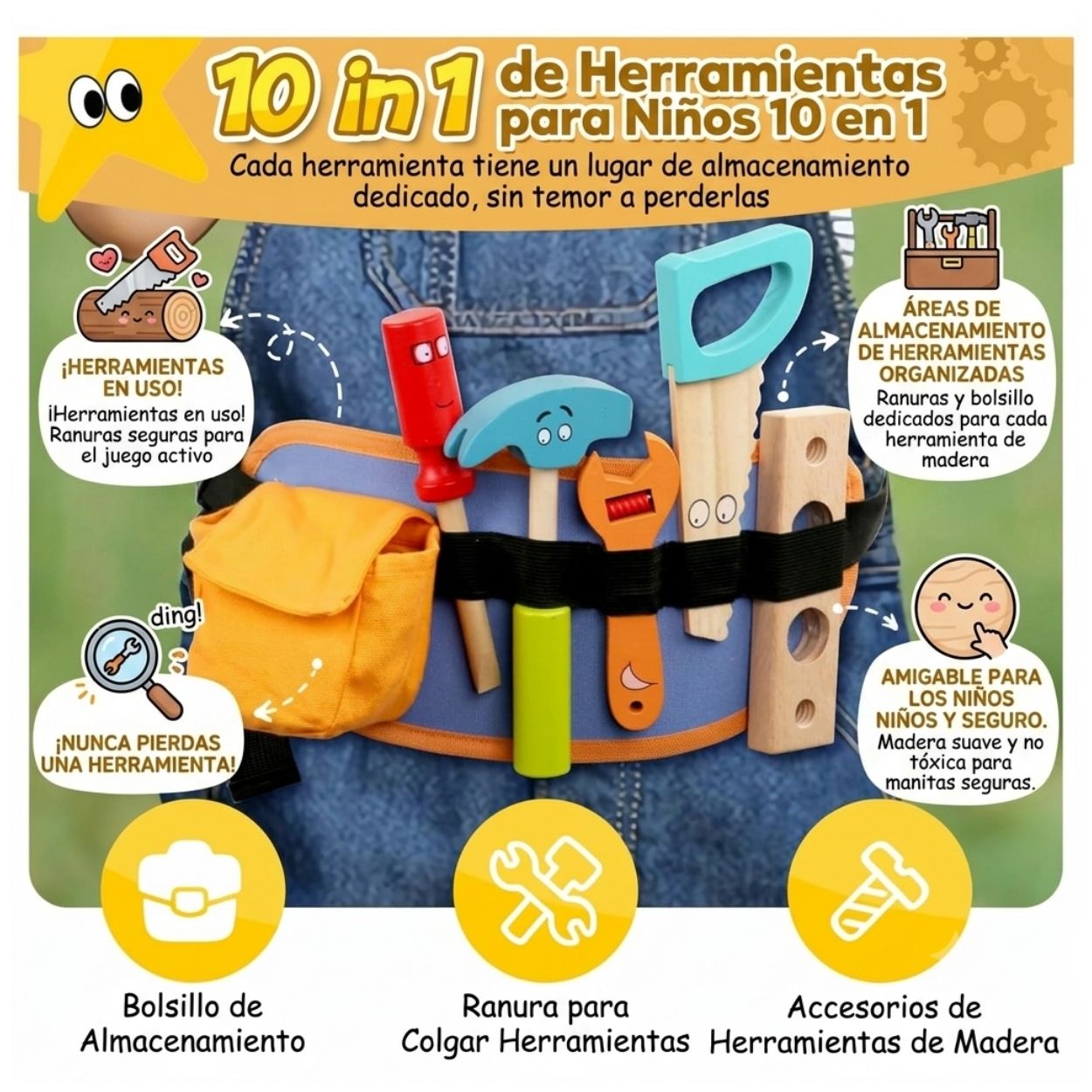 KIT CINTURON HERRAMIENTAS DE MADERA - JUEGO EDUCATIVO DE ROLES - 2