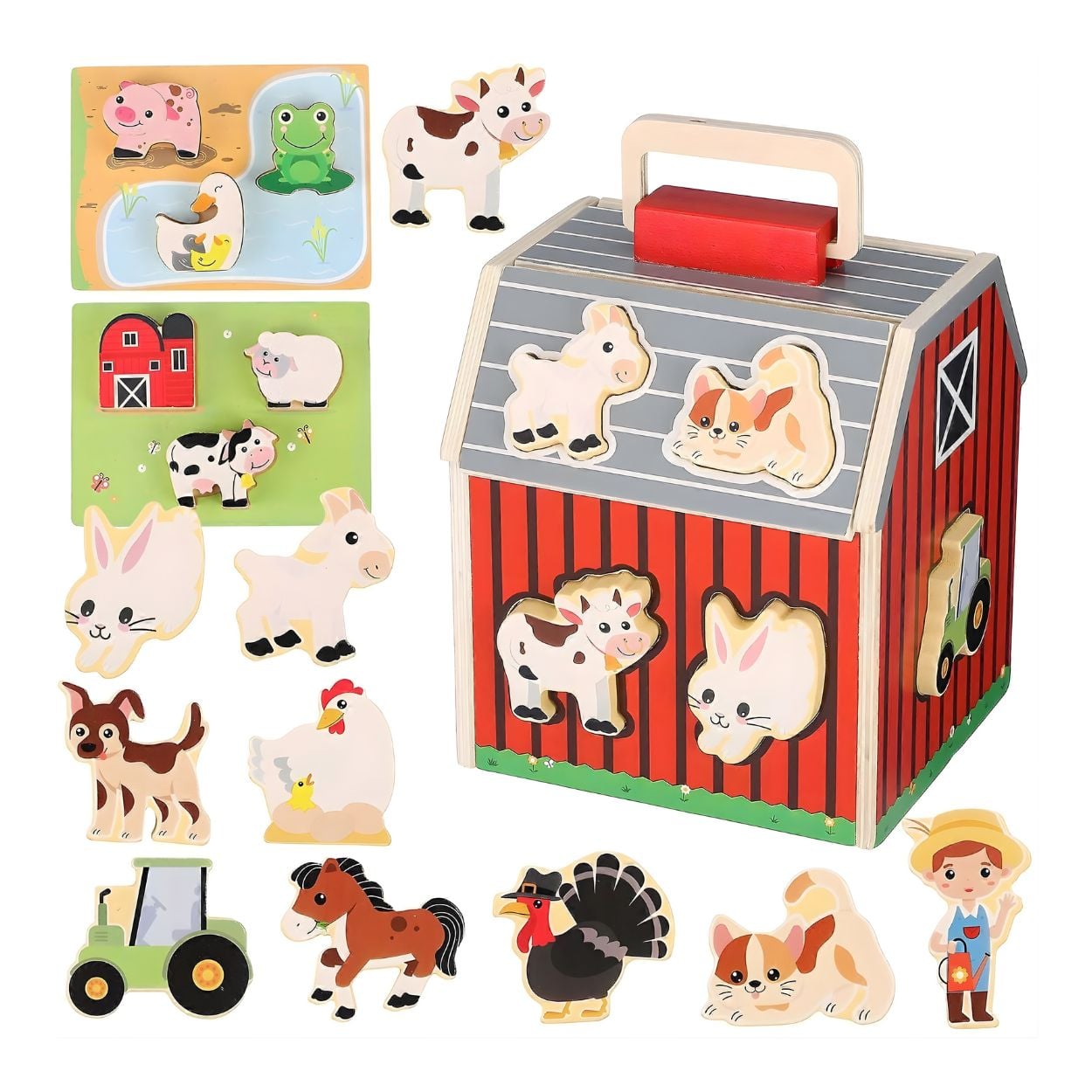 SET DE GRANJA DE MADERA MONTESSORI CUBO DE ACTIVIDADES Y PUZZLE DE ANIMALES - 1