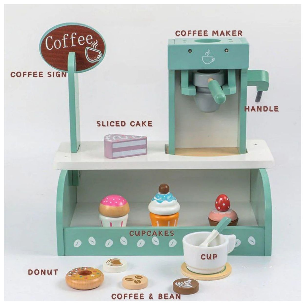 SET CAFETERÍA CON ACCESORIOS Y DULCES DE JUGUETE DE MADERA MONTESSORI - 4