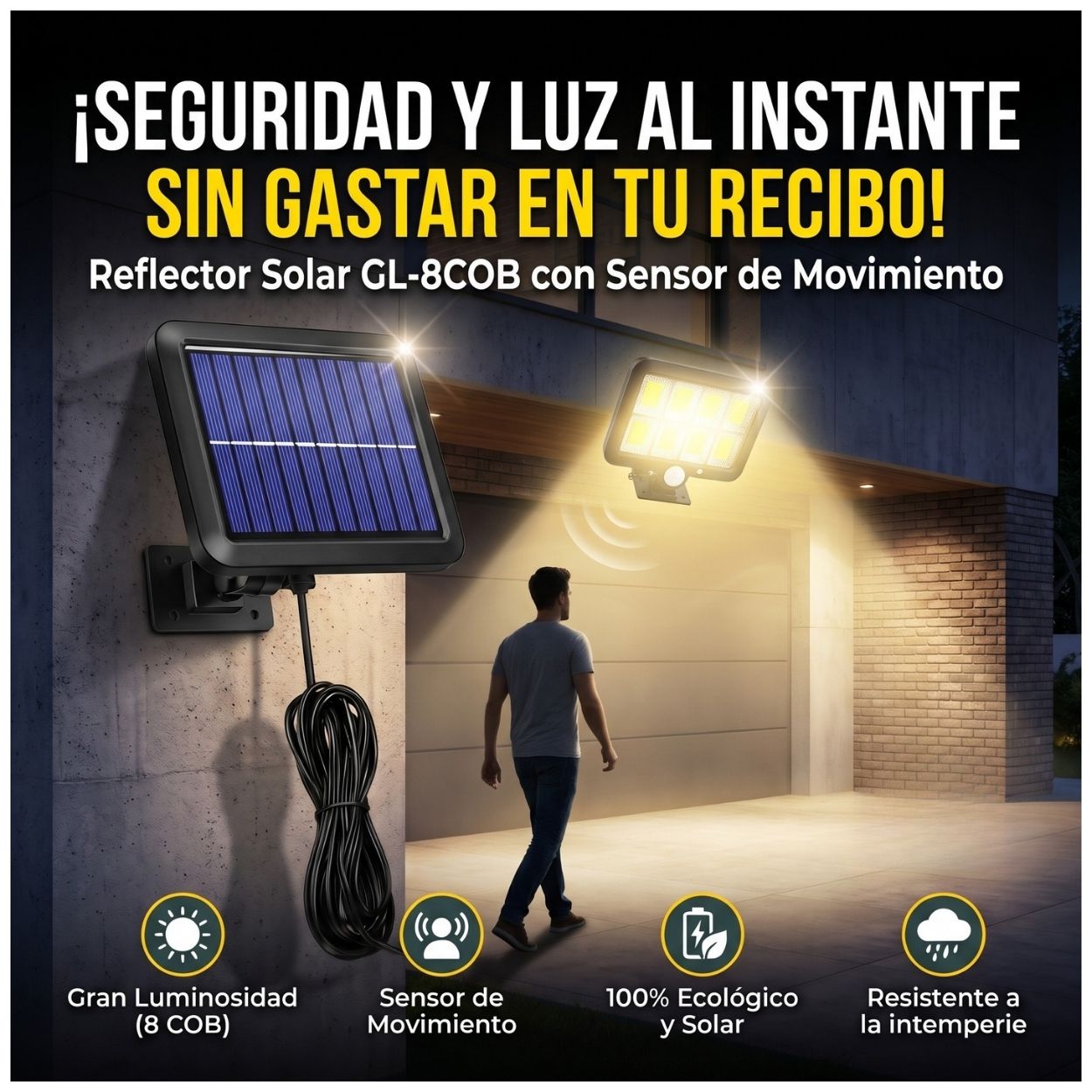 REFLECTOR SOLAR LED CON SENSOR DE MOVIMIENTO EXTERIOR IP65 + PANEL INDEPENDIENTE - 5