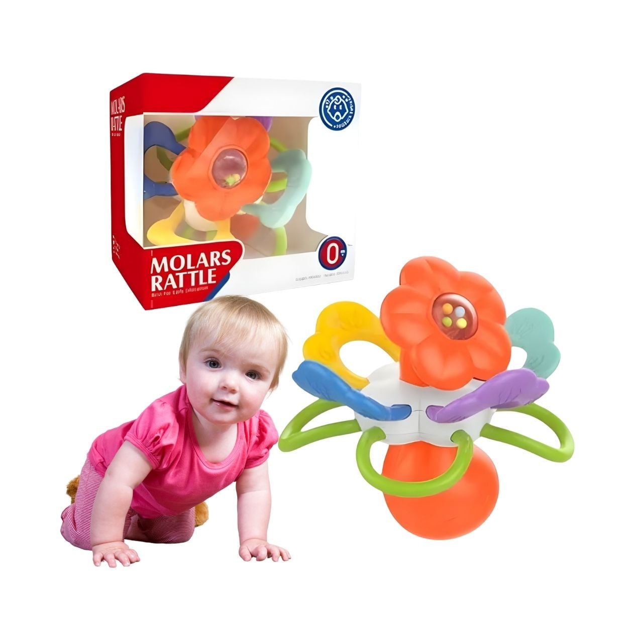 PACK SENSORIAL PARA BEBÉ RODILLO DE GATEO + SONAJERO MOLAR FLOR - 2