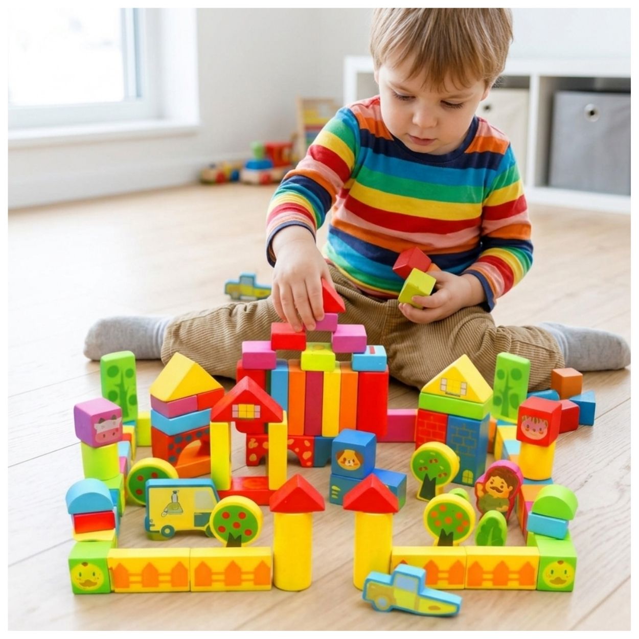 BLOQUES DE MADERA MONTESSORI 100 PIEZAS CIUDAD Y GRANJA DIDÁCTICO - 2
