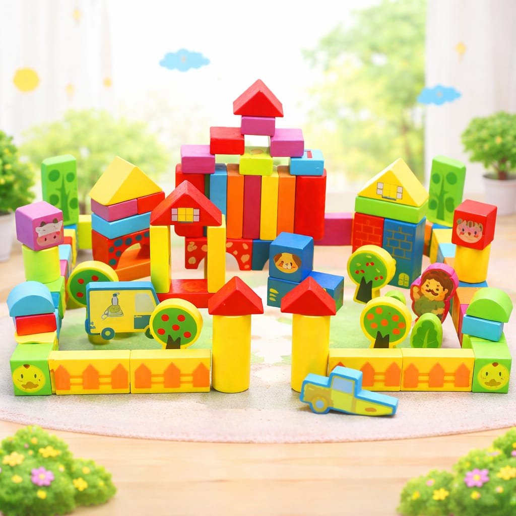 BLOQUES DE MADERA MONTESSORI 100 PIEZAS CIUDAD Y GRANJA DIDÁCTICO - 3