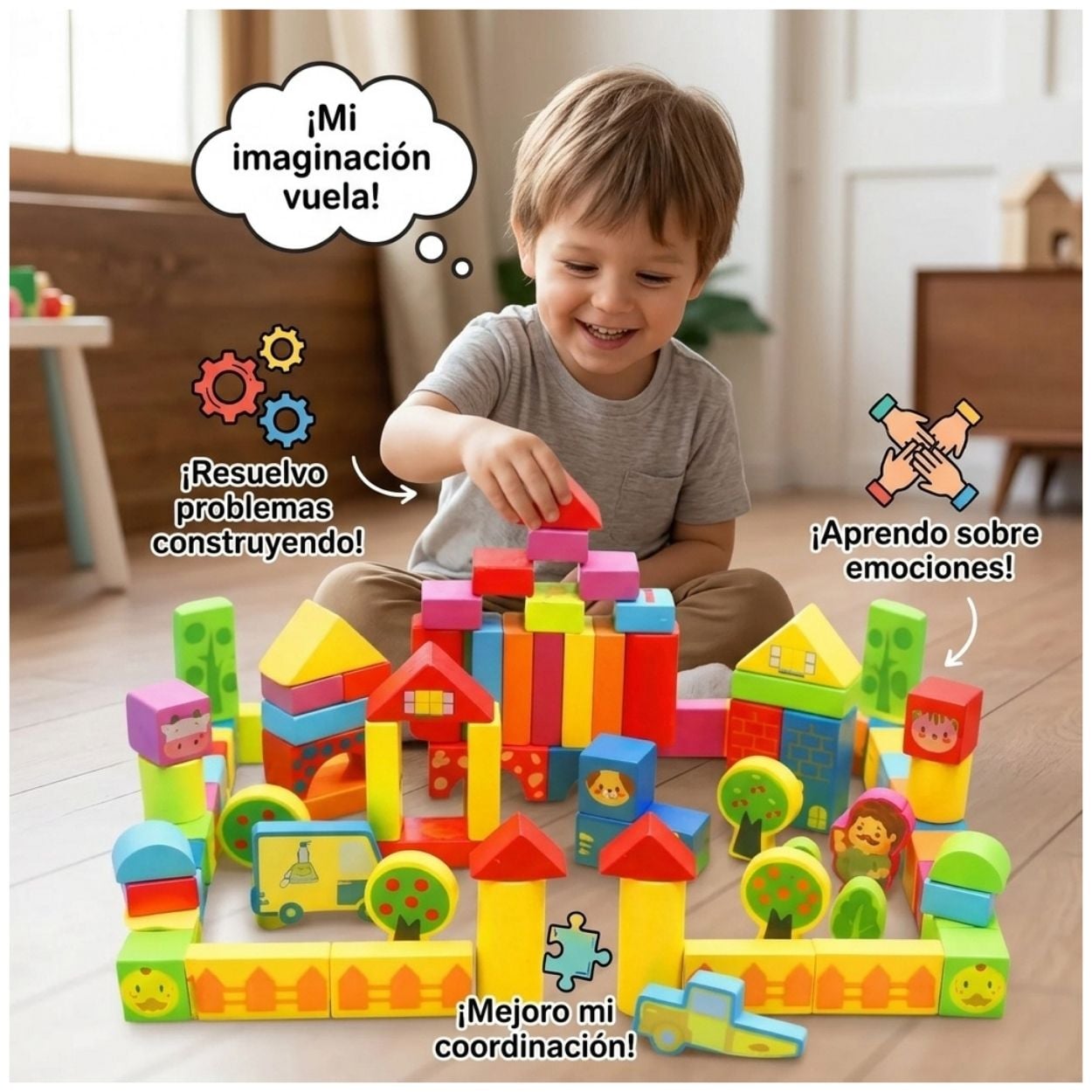 JUEGO DIDÁCTICO BLOQUES DE MADERA 100 PIEZAS GRANJA Y CIUDAD CREATIVA - 5