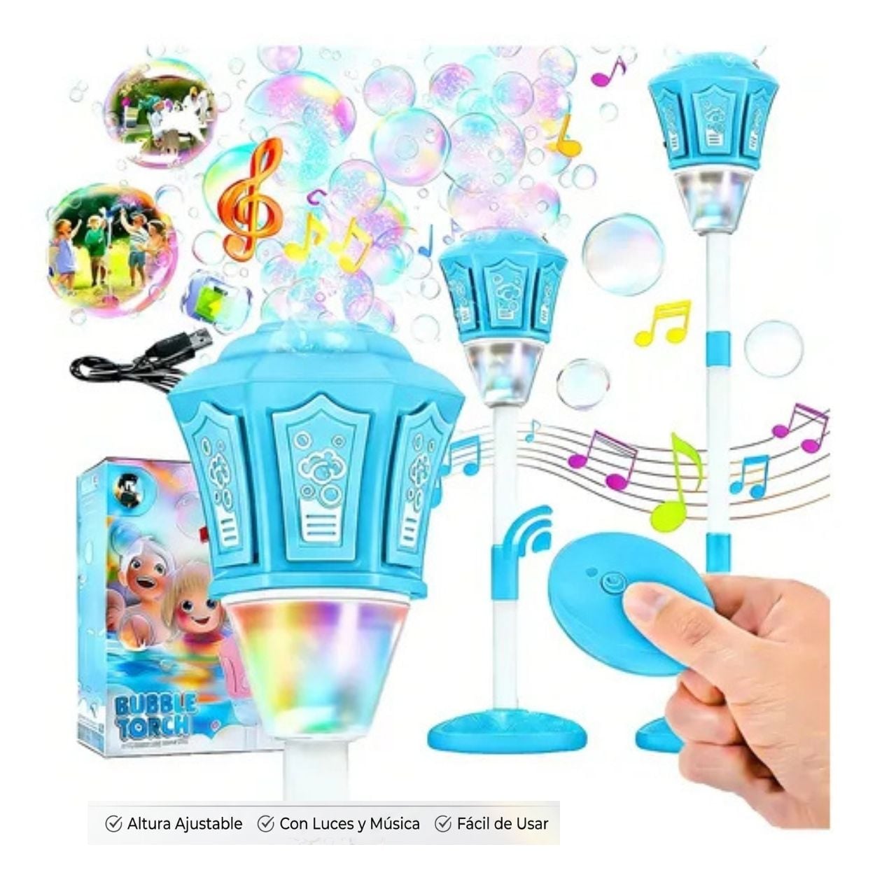 JUGUETE MÁQUINA DE BURBUJAS INFANTIL PORTÁTIL CON ALTURA AJUSTABLE Y BATERÍA RECARGABLE - CELESTE - 1