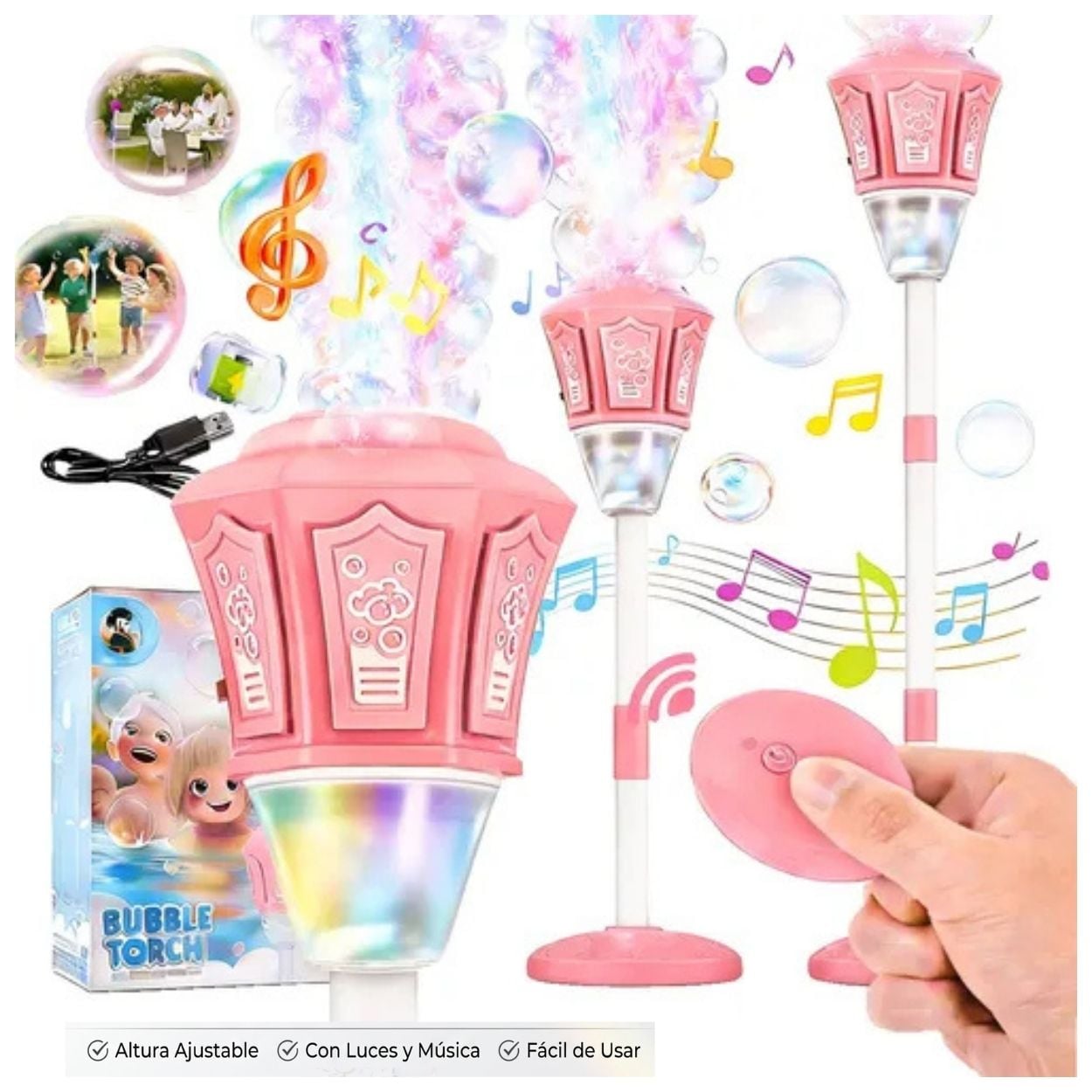 JUGUETE MÁQUINA DE BURBUJAS INFANTIL PORTÁTIL CON ALTURA AJUSTABLE Y BATERÍA RECARGABLE - COLOR ROSADO - 1