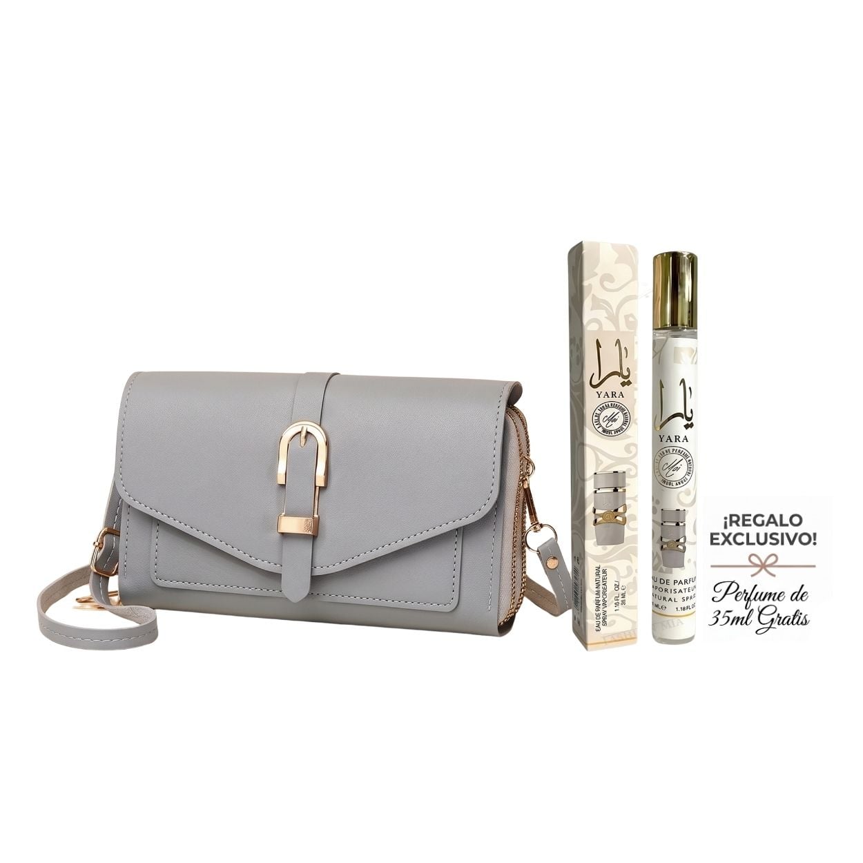 CARTERA DE MANO CELESTE TIPO BILLETERA CON CORREA DESMONTABLE + PERFUME 35ML GRATIS - 1
