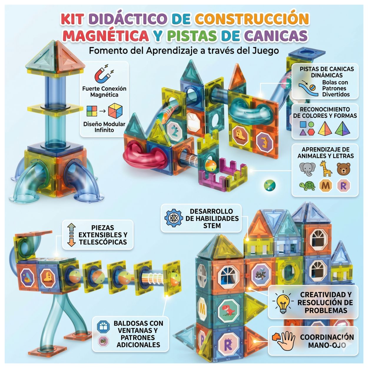 BLOQUES MAGNÉTICOS DE CONSTRUCCIÓN 3D PISTA DE CARRERAS 68 PZS - JUGUETE EDUCATIVO NIÑOS - 3
