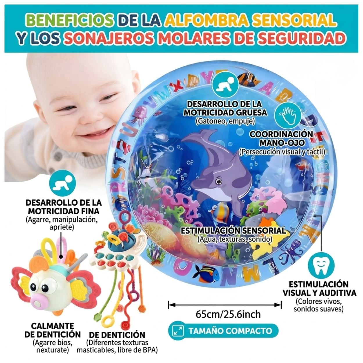 SET DE ESTIMULACIÓN TEMPRANA: ALFOMBRA DE AGUA 65CM + JUGUETE PEZ SENSORIAL - 2