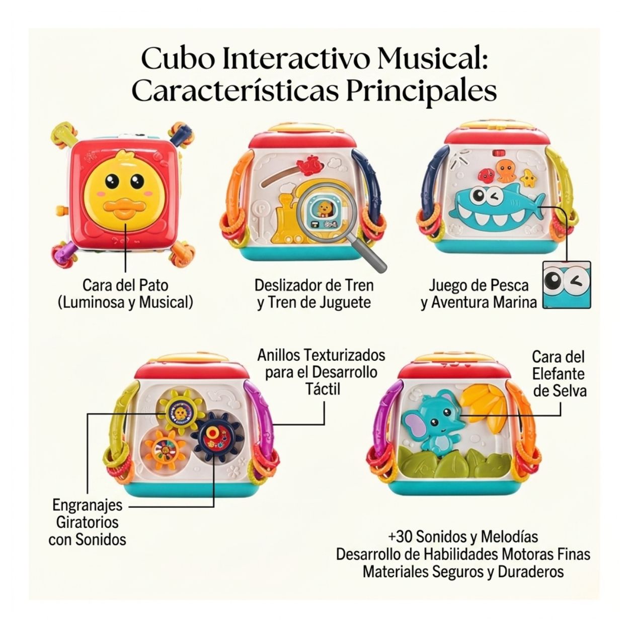 JUGUETE DIDÁCTICO CUBO MUSICAL INTERACTIVO DE PATITO PARA BEBÉS - 2