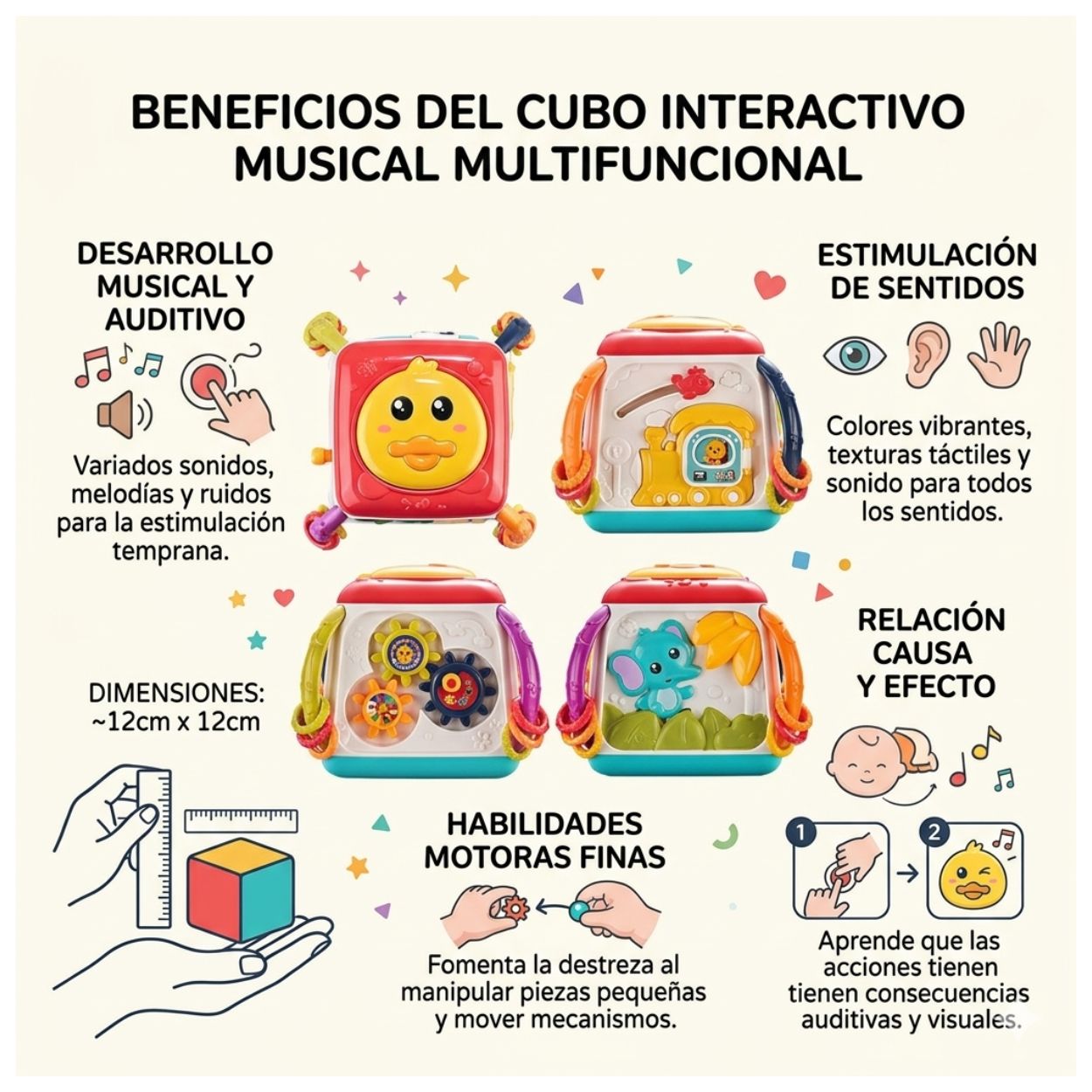 JUGUETE DIDÁCTICO CUBO MUSICAL INTERACTIVO DE PATITO PARA BEBÉS - 4