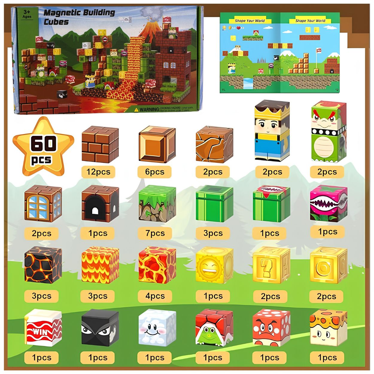 CUBOS MAGNÉTICOS DE CONSTRUCCIÓN TEMÁTICA MARIO BROSS 3D BLOQUES STEM 60 PZS - 4