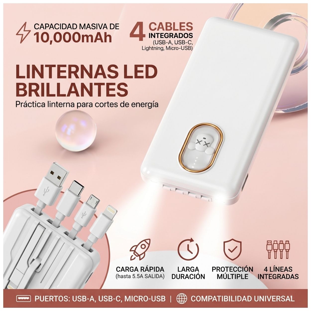 CARGADOR PORTÁTIL POWER BANK 10000MAH CARGA RÁPIDA 5.5A CABLES INTEGRADOS Y LINTERNA LED - 3