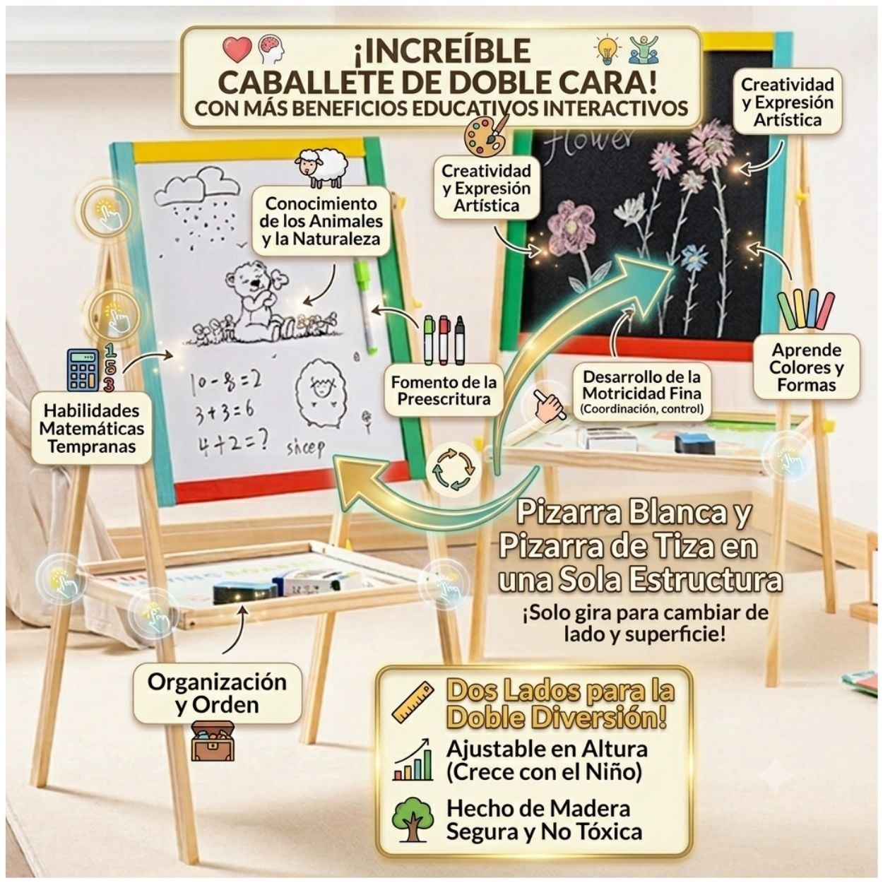 PIZARRA DIDÁCTICA DE MADERA 2 EN 1 CABALLETE INFANTIL CON MESA - 2
