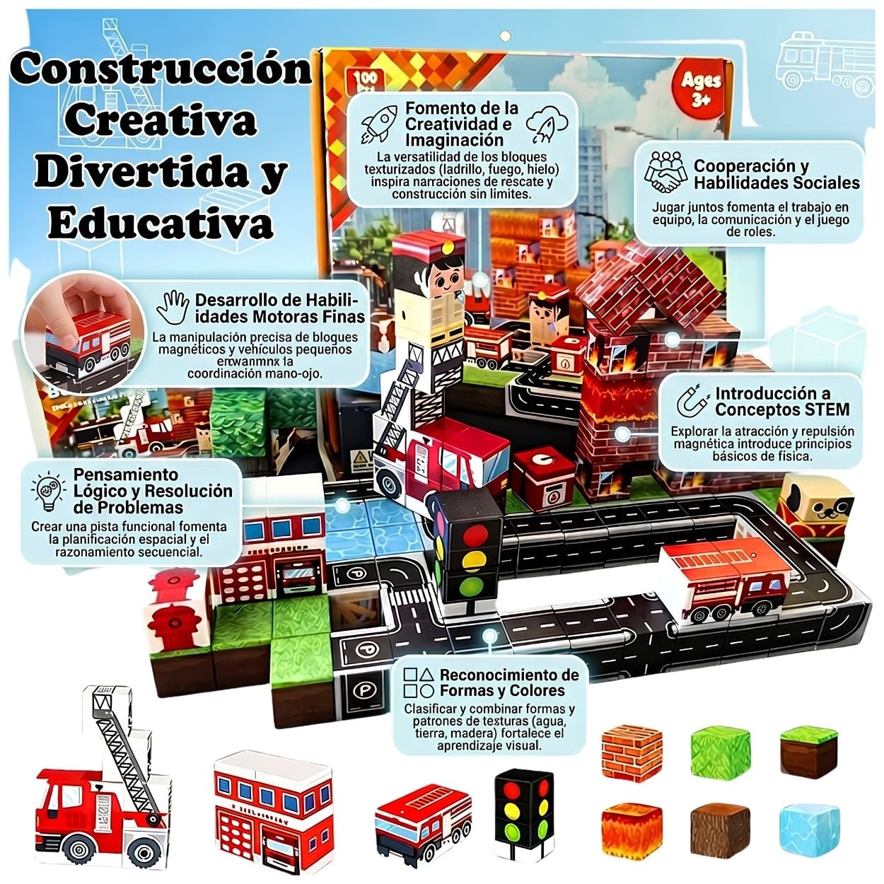 JUGUETE DIDÁCTICO BLOQUES MAGNÉTICOS TEMÁTICA BOMBEROS 100 PZAS - 2