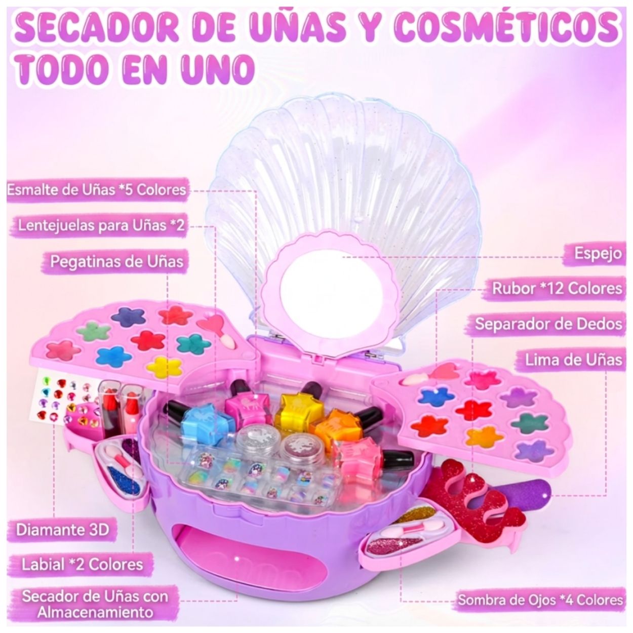 KIT INFANTIL DE COSMETOLOGÍA - OSTRA DE MAQUILLAJE Y UÑAS PARA NIÑAS - 2