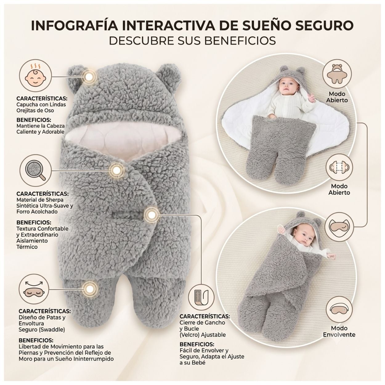 MANTA SACO DE DORMIR ENVOLVENTE OSITO ACOLCHADO PARA BEBÉ - COLOR ALEATORIO - 2