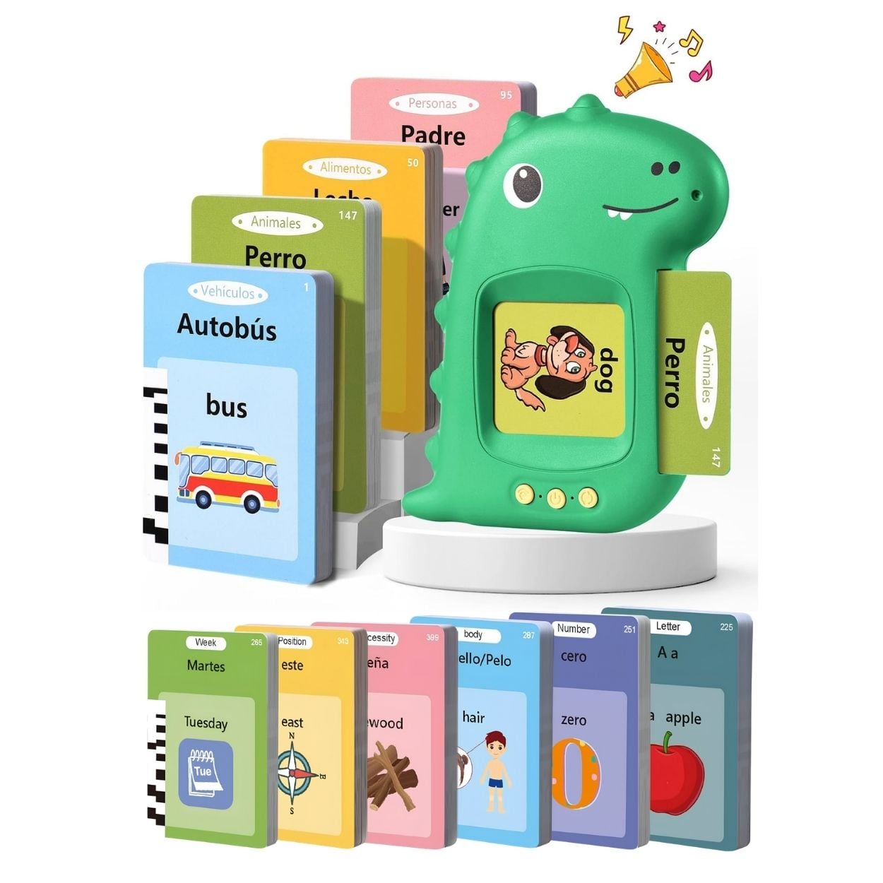 LECTOR DE TARJETAS FLASH AUDIBLE BILINGUE DINOSAURIO EDUCATIVO - 1