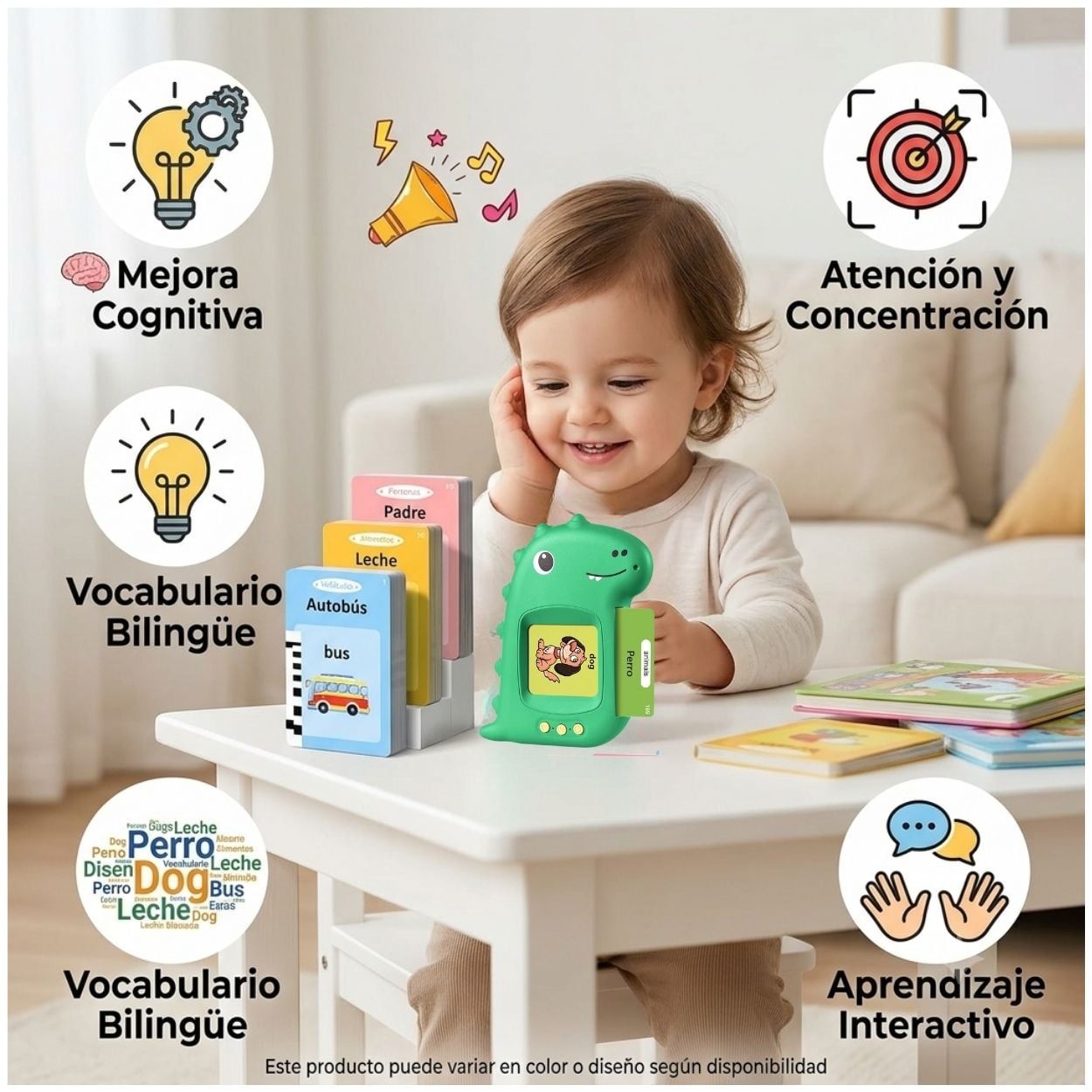 LECTOR DE TARJETAS FLASH AUDIBLE BILINGUE DINOSAURIO EDUCATIVO - 2