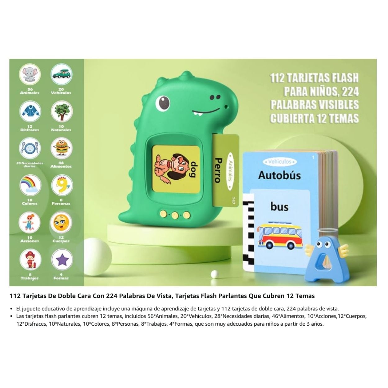 LECTOR DE TARJETAS FLASH AUDIBLE BILINGUE DINOSAURIO EDUCATIVO - 3