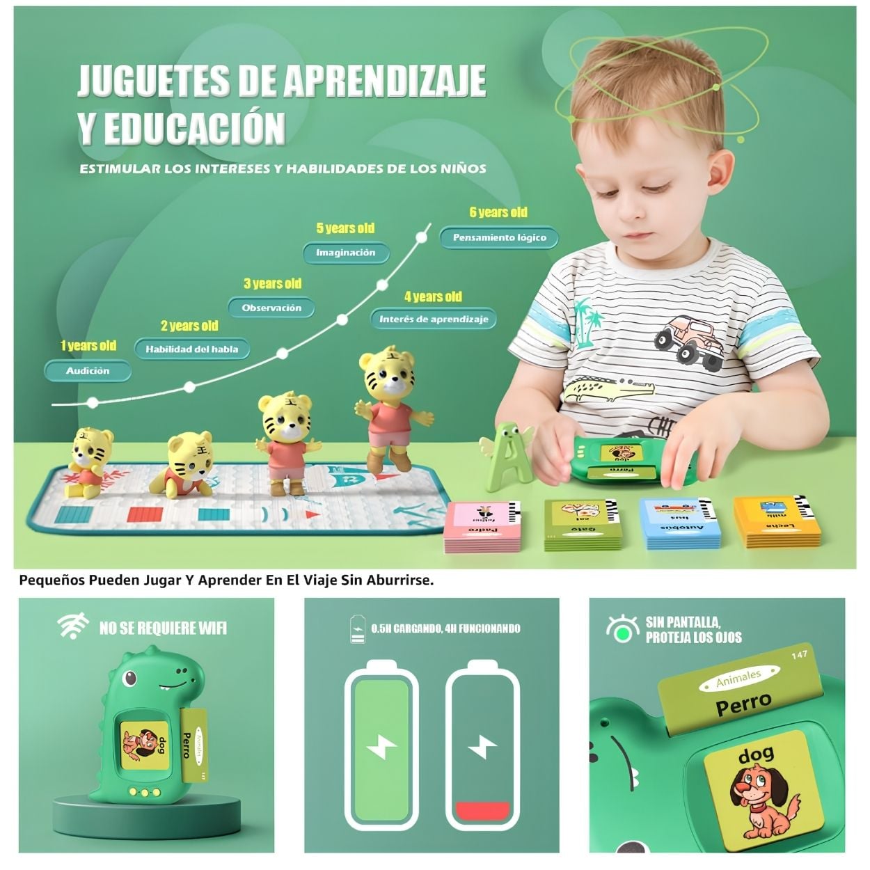 LECTOR DE TARJETAS FLASH AUDIBLE BILINGUE DINOSAURIO EDUCATIVO - 4