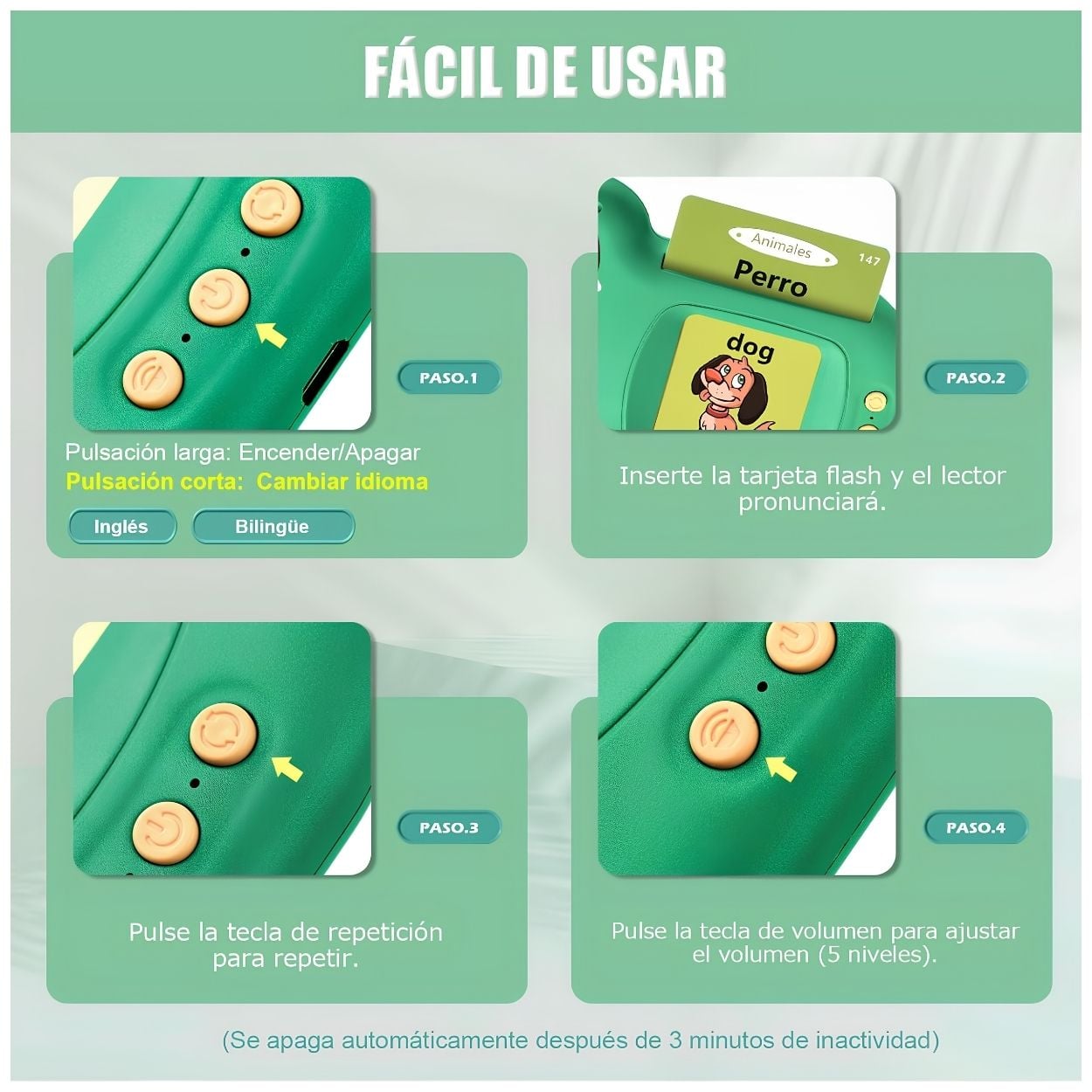 LECTOR DE TARJETAS FLASH AUDIBLE BILINGUE DINOSAURIO EDUCATIVO - 5