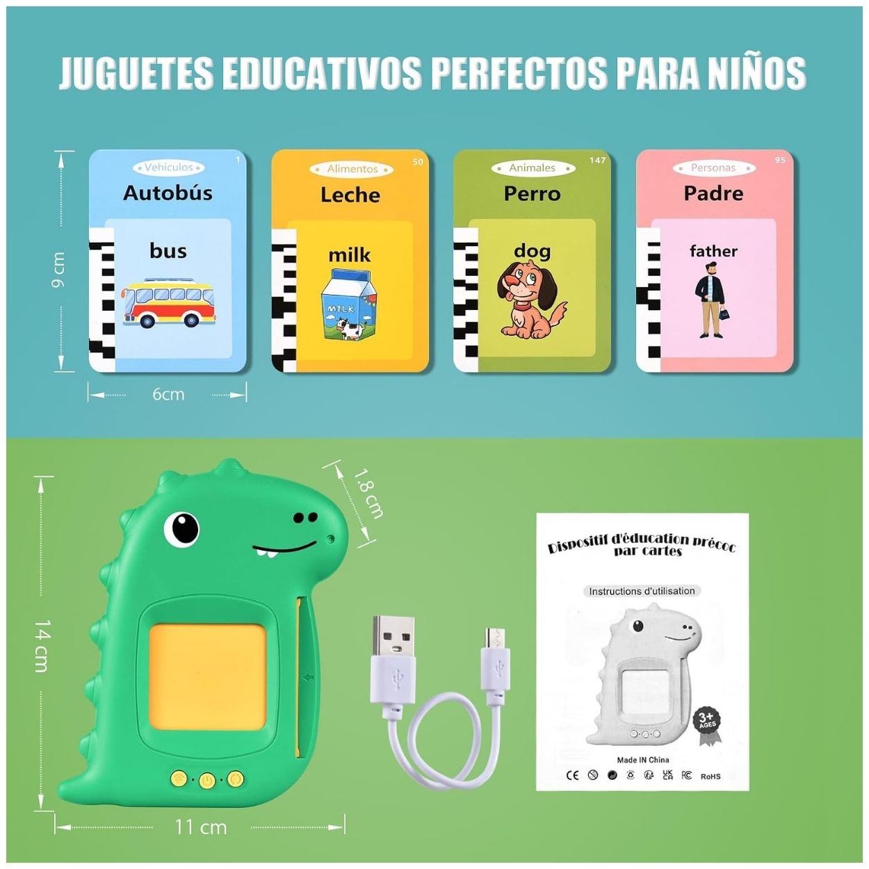 LECTOR DE TARJETAS FLASH AUDIBLE BILINGUE DINOSAURIO EDUCATIVO - 6