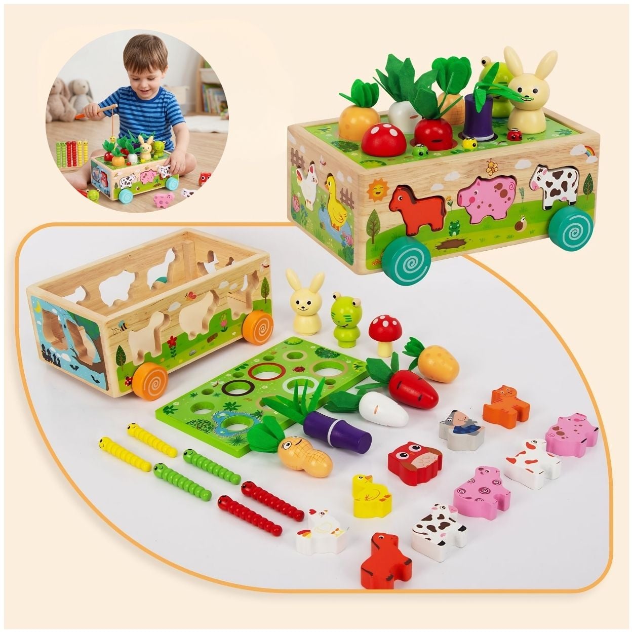 CARRITO COSECHA DE VERDURAS Y ANIMALES MONTESSORI DE MADERA - 3