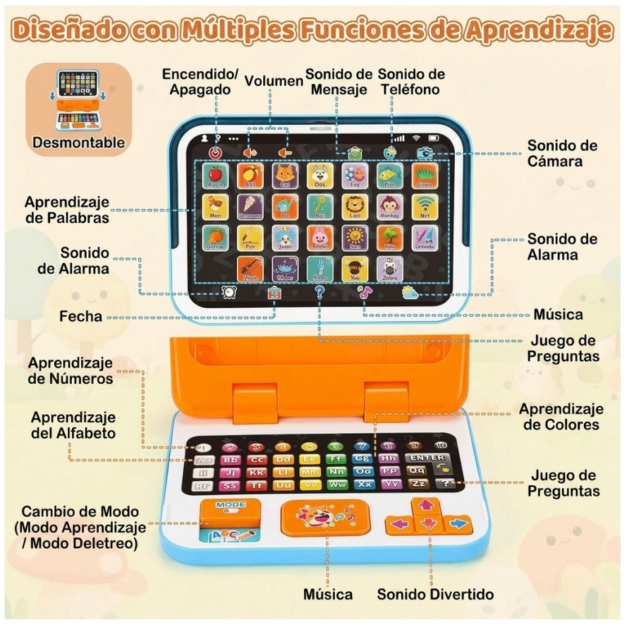 LAPTOP EDUCATIVA BILINGÜE 2 EN 1 JUGUETE TABLET INTERACTIVA NIÑOS - 3