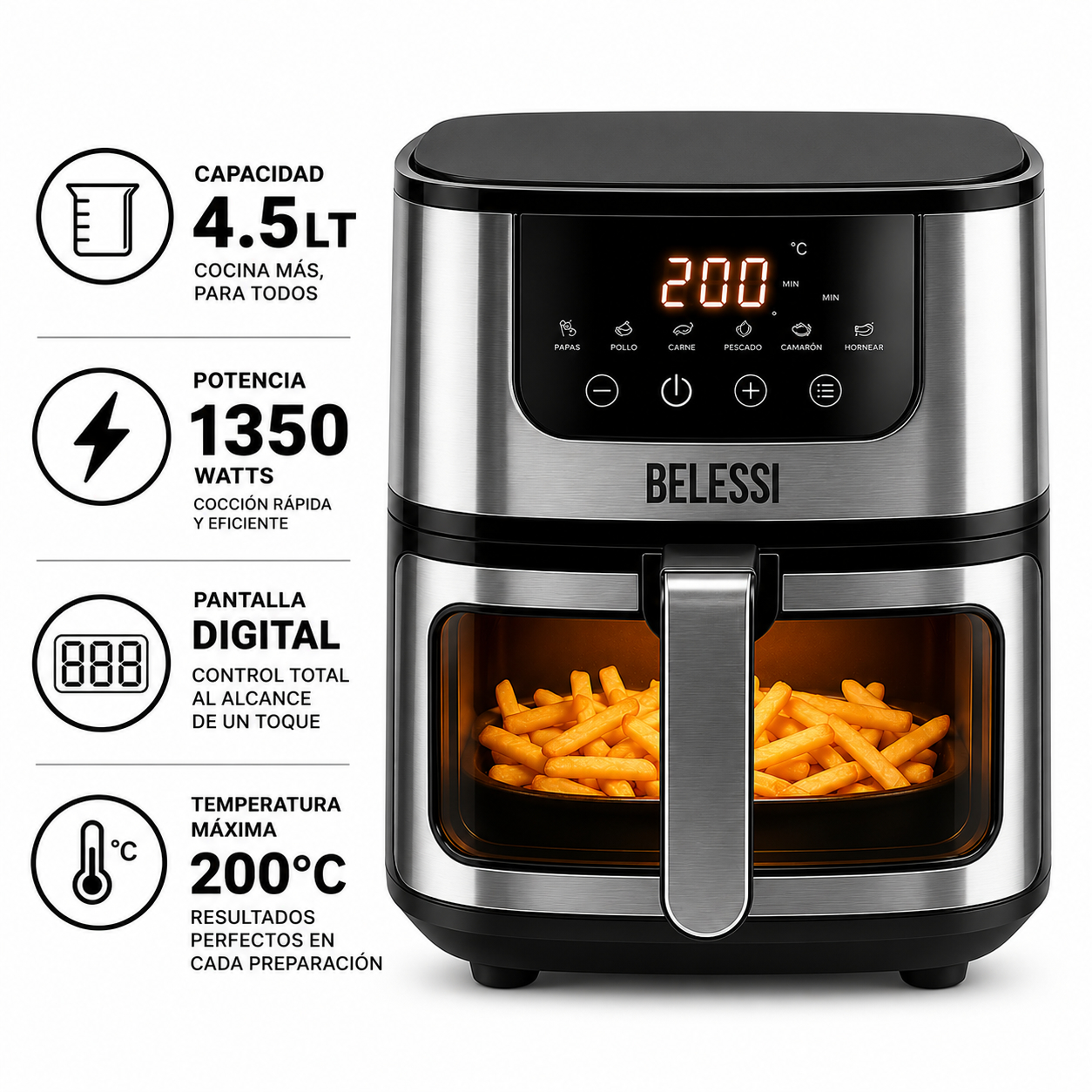 AIRFRYER BELESSI CON PANTALLA DIGITAL, CAPACIDAD DE 4.5LT Y VENTANA DE VISUALIZACIÓN CON LUZ. - 1