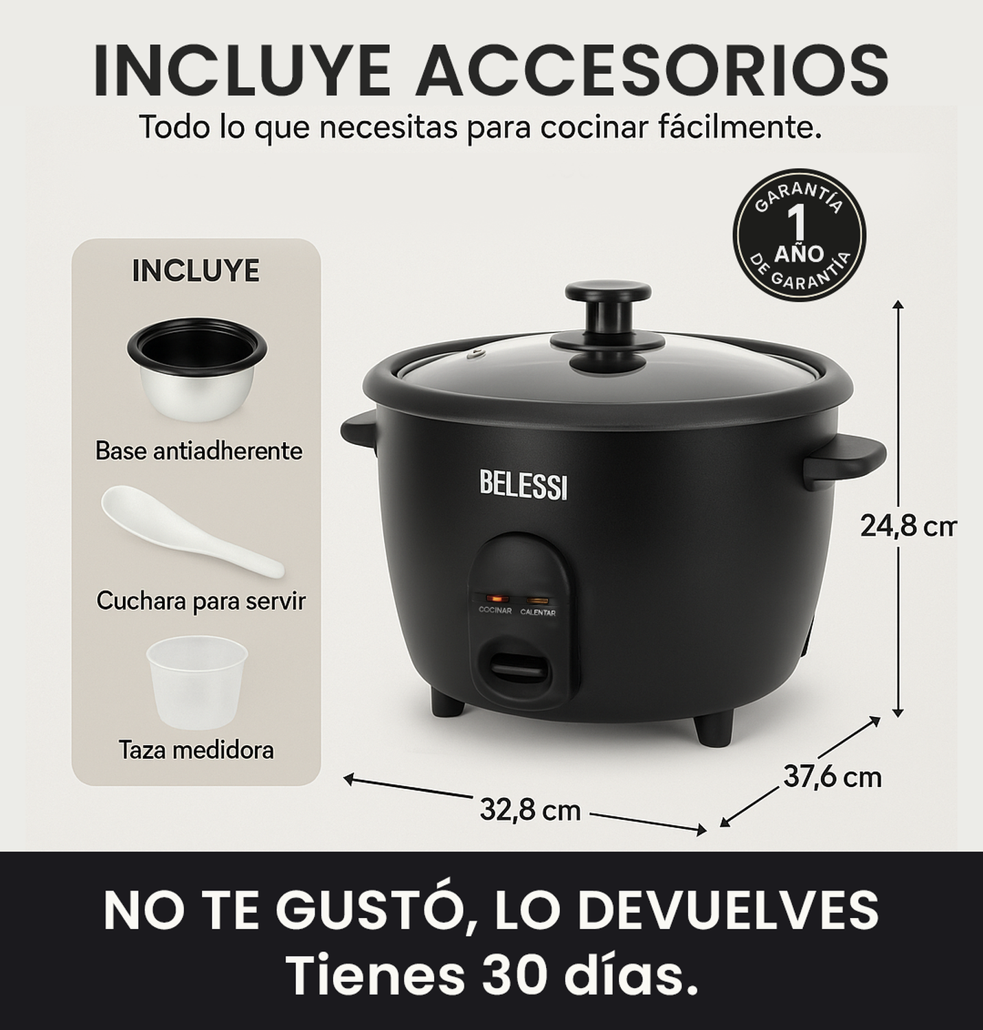 OLLA ARROCERA ELÉCTRICA BELESSI 1.8L + ACCESORIOS – COCINA FÁCIL, IDEAL PARA TODA LA FAMILIA - 6