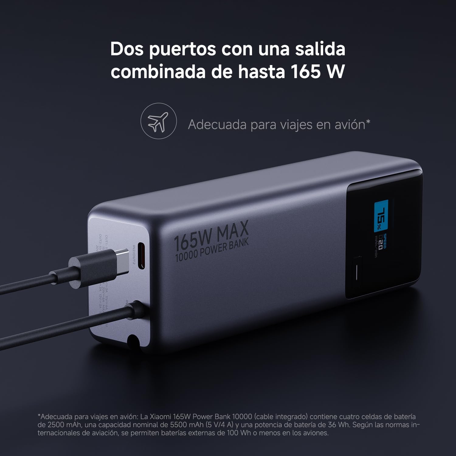 POWER BANK XIAOMI 10000MAH 165W CABLE USB-C INTEGRADO - 4