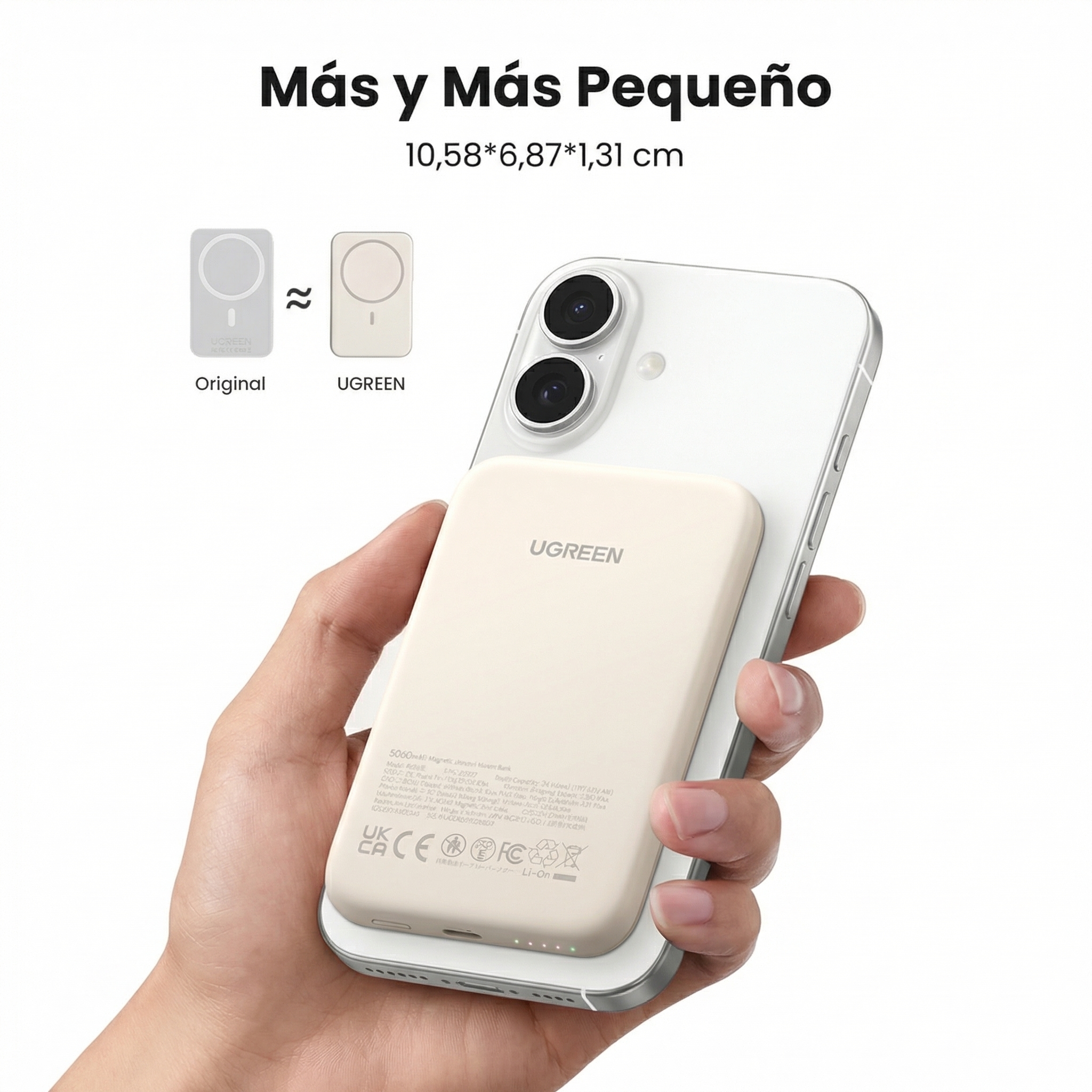 POWER BANK MAGNÉTICO UGREEN 5000MAH CARGA INALÁMBRICA CREMA - 4