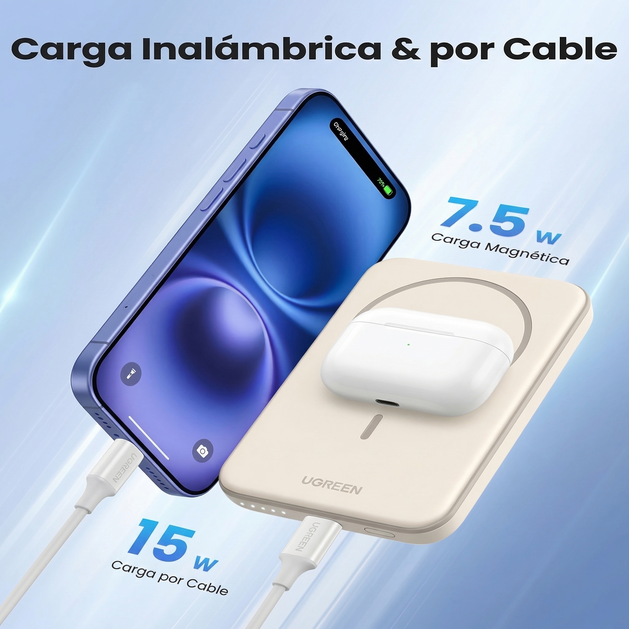 POWER BANK MAGNÉTICO UGREEN 5000MAH CARGA INALÁMBRICA CREMA - 7