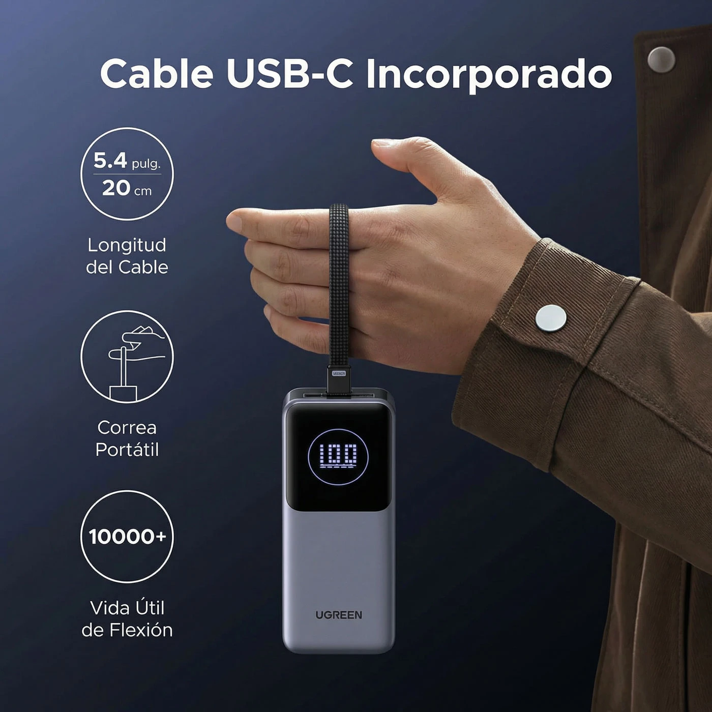 POWER BANK UGREEN NEXODE 20000MAH 130W CABLE INTEGRADO USB-C GRIS - 2