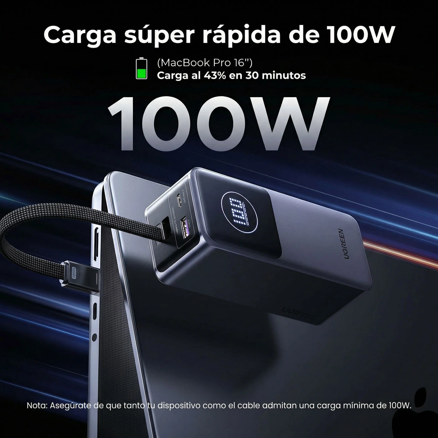 POWER BANK UGREEN NEXODE 20000MAH 130W CABLE INTEGRADO USB-C GRIS - 3