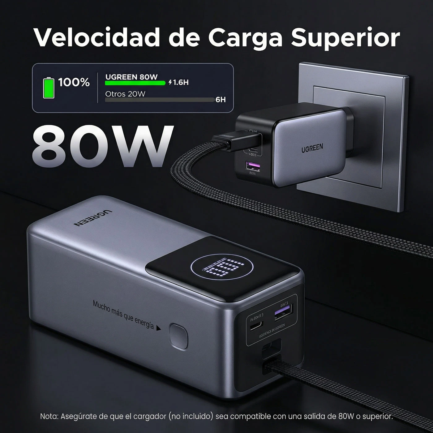 POWER BANK UGREEN NEXODE 20000MAH 130W CABLE INTEGRADO USB-C GRIS - 5