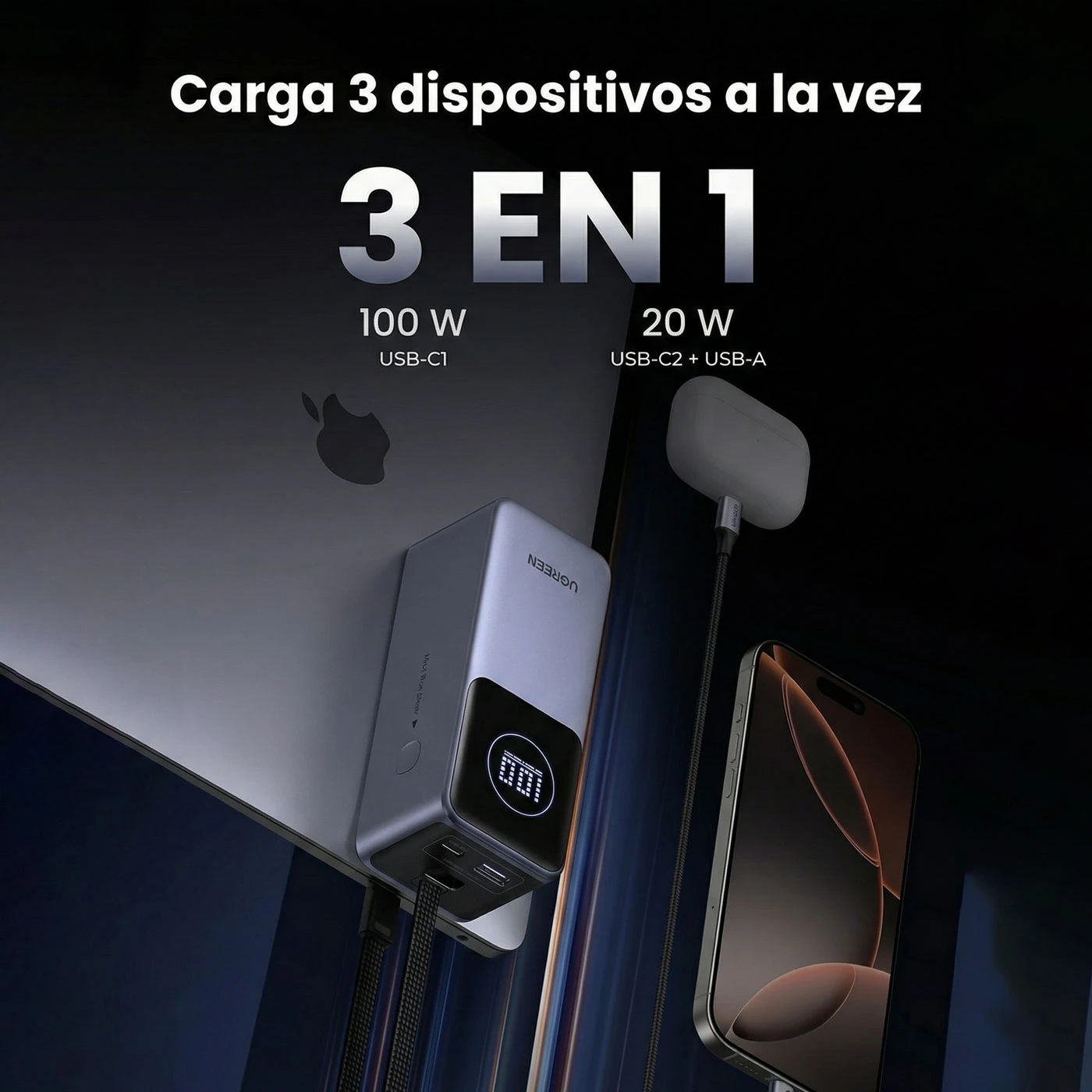 POWER BANK UGREEN NEXODE 20000MAH 130W CABLE INTEGRADO USB-C GRIS - 8
