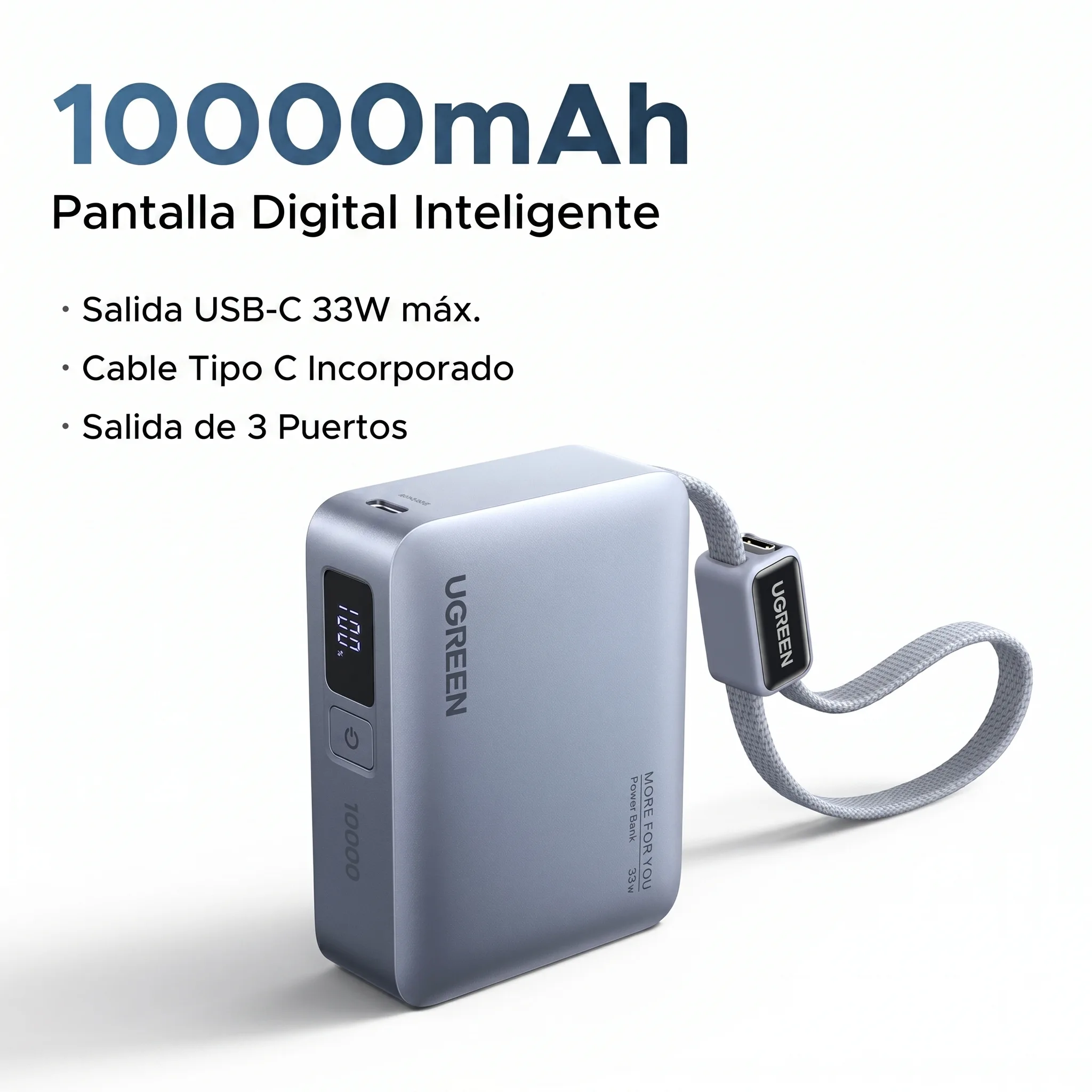 POWER BANK UGREEN 10000MAH 33W CABLE USB-C PANTALLA LED - 3