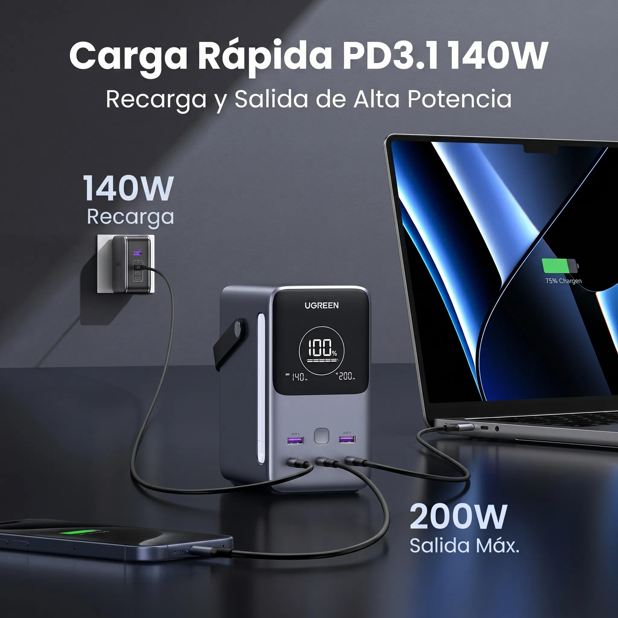 POWER BANK UGREEN 48000MAH 300W PARA LAPTOP 5 PUERTOS - 5