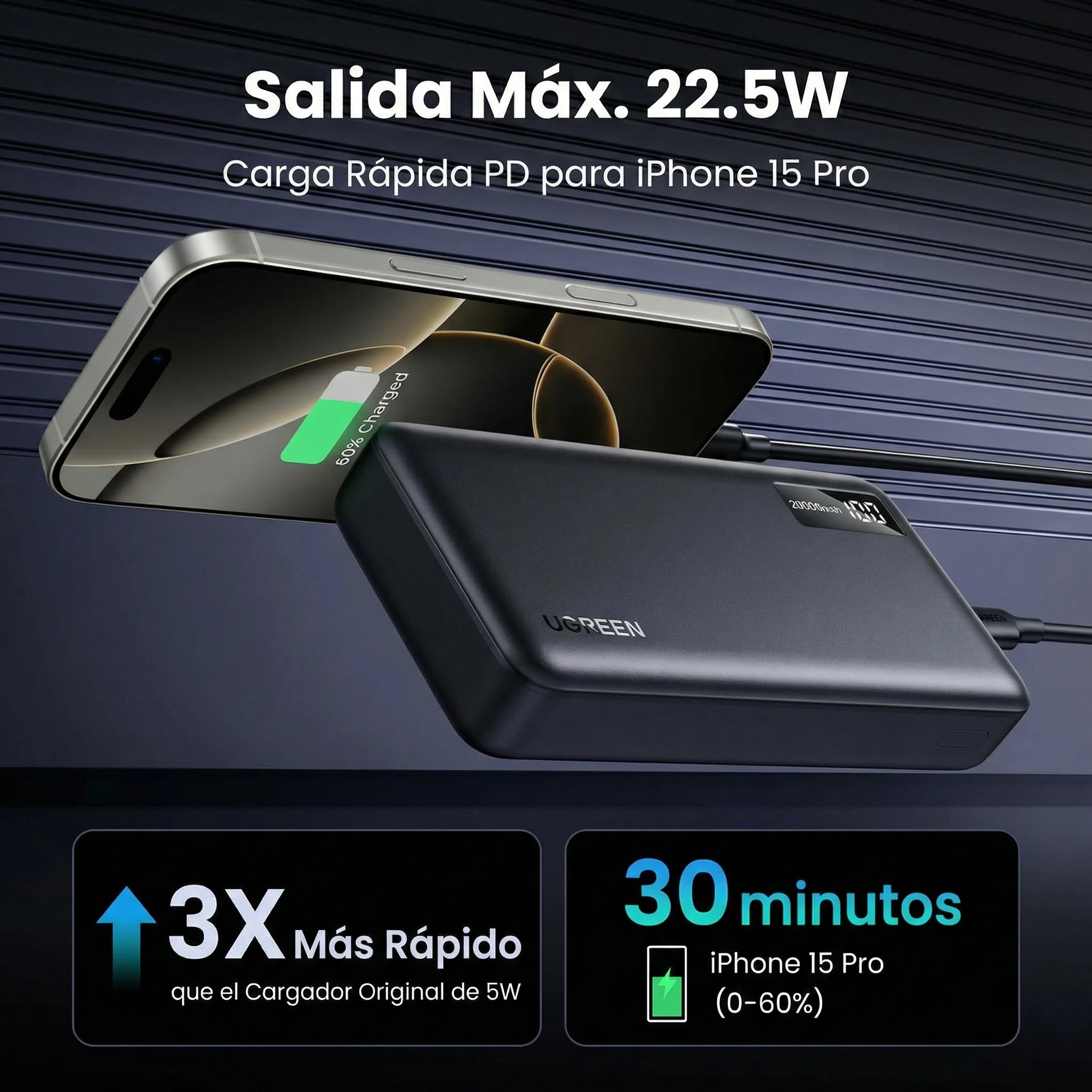 POWER BANK UGREEN 20000 MAH 22.55W CARGA RÁPIDA - 3