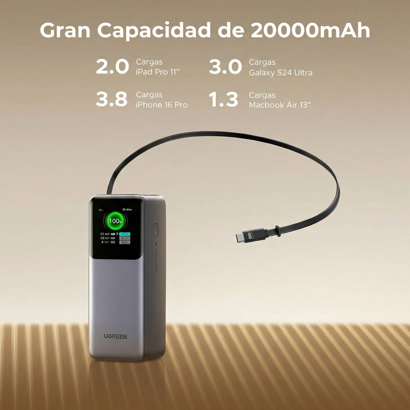POWER BANK UGREEN NEXODE 20000MAH 165W CABLE USB-C RETRÁCTIL - 2