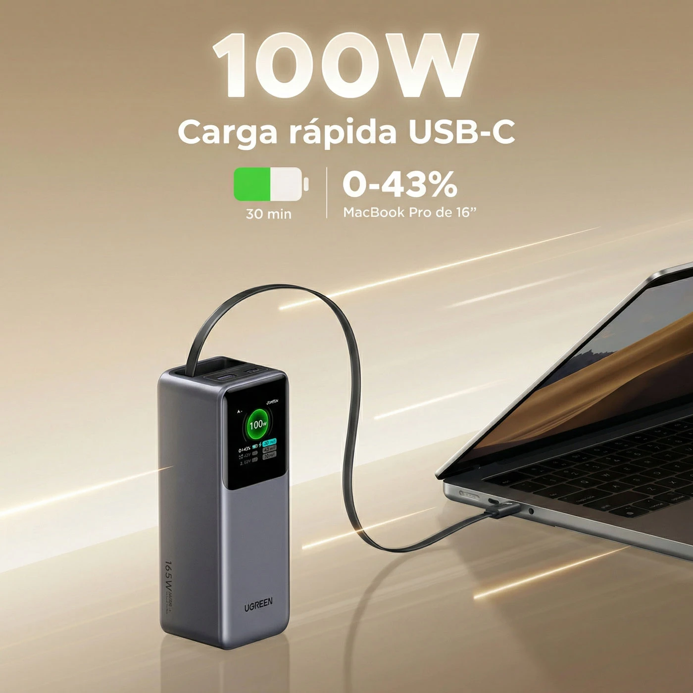 POWER BANK UGREEN NEXODE 20000MAH 165W CABLE USB-C RETRÁCTIL - 3