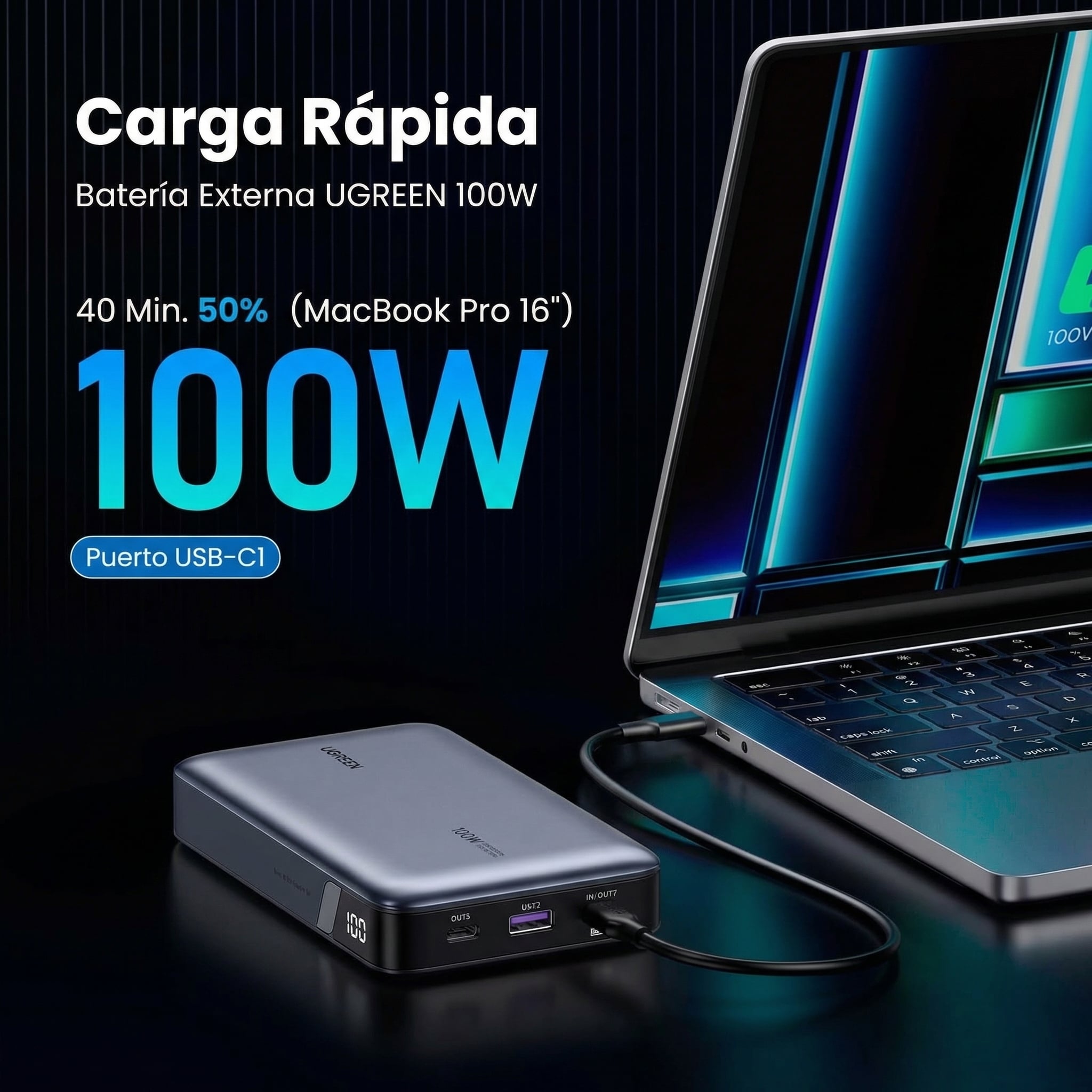 POWER BANK UGREEN NEXODE 20000MAH 100W USB-C PANTALLA LED - 2