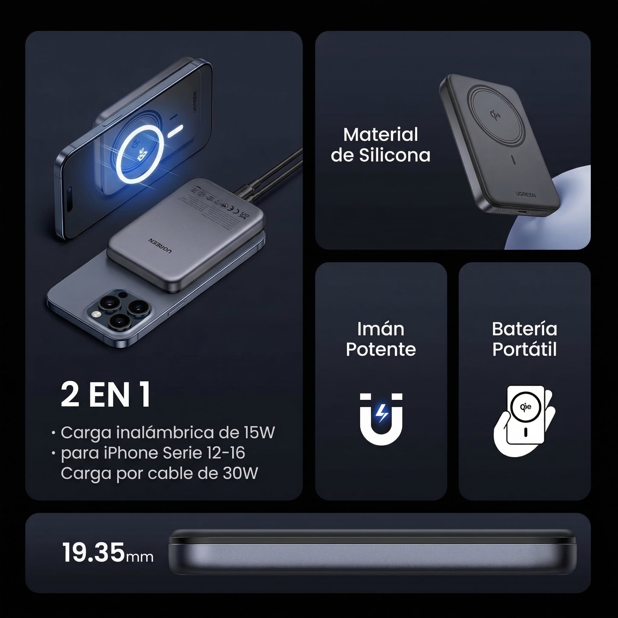 POWER BANK MAGNÉTICO UGREEN 10000MAH QI2 15W USB-C 30W - 3