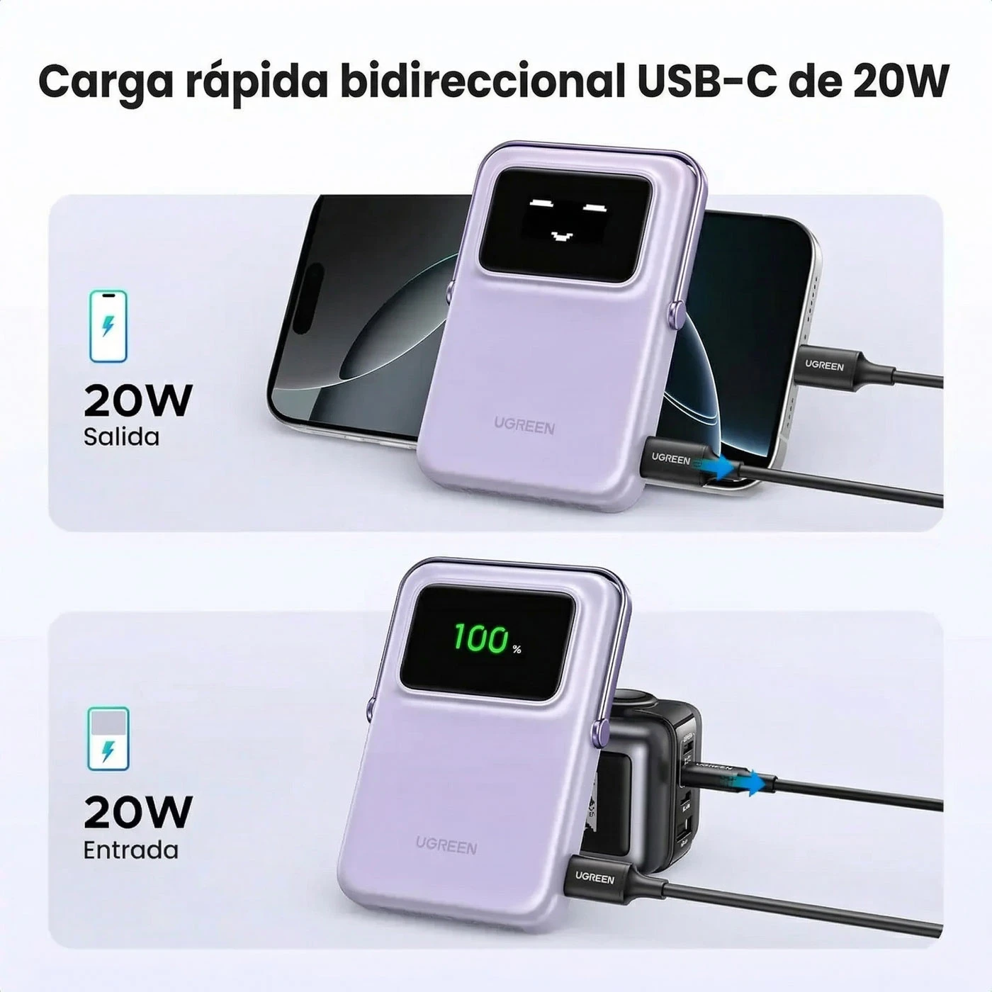 POWER BANK MAGNÉTICO UGREEN UNO 10000MAH USB-C 20W SOPORTE MORADO - 6
