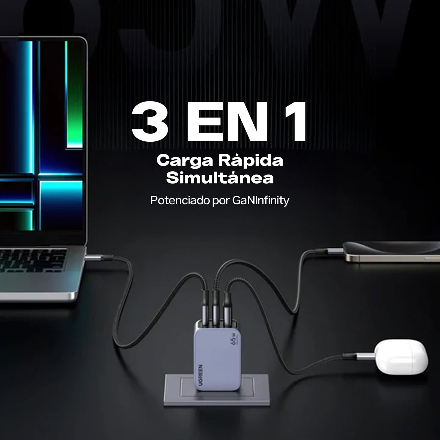 UGREEN NEXODE PRO 65W GAN 3 PUERTOS 25870 - 2