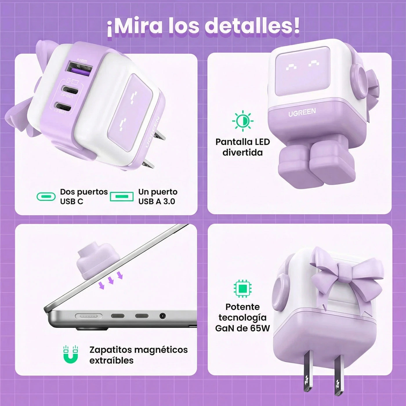 CARGADOR UGREEN UNO ROBOT GAN 65W USB-C PURPLE 35314 - 5