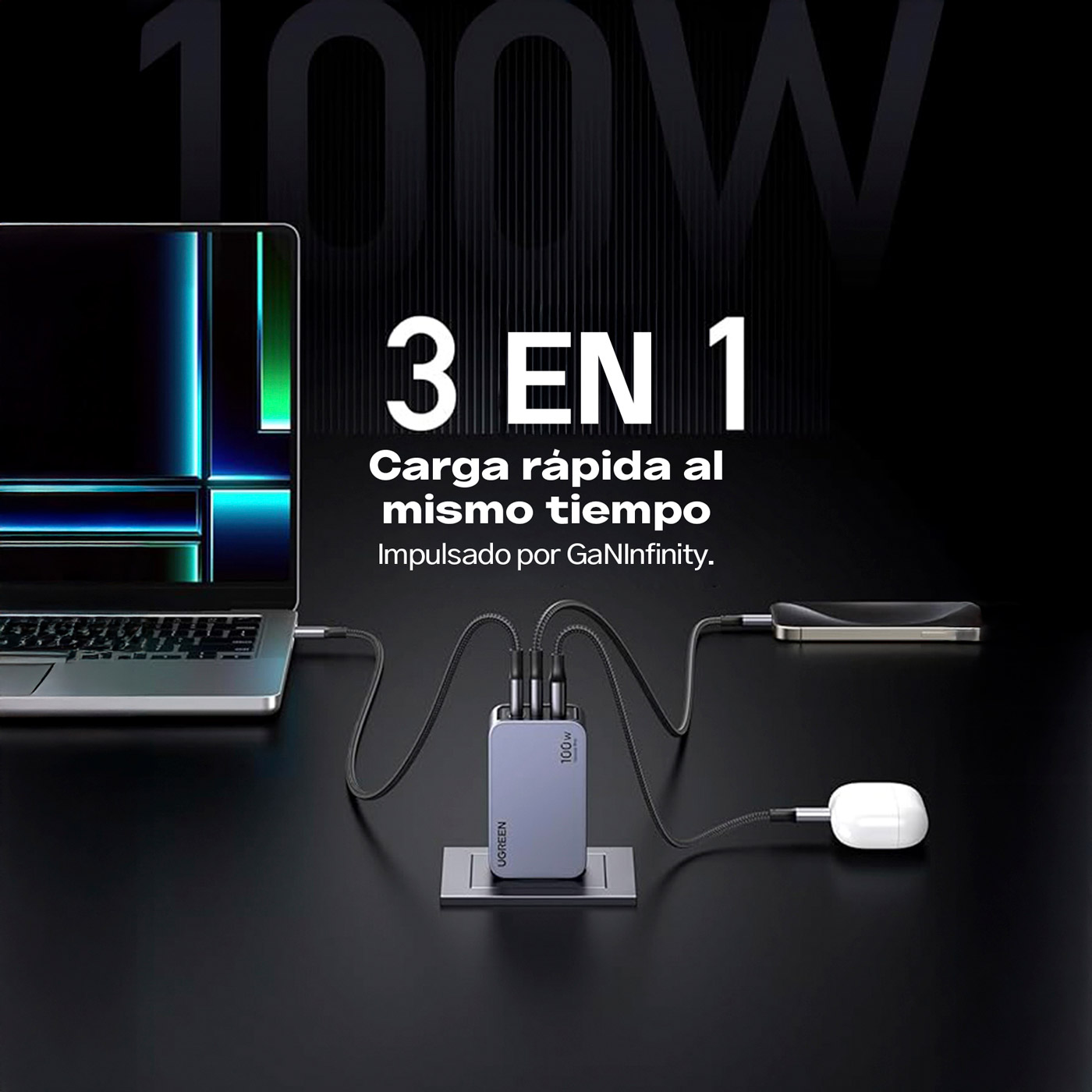 CARGADOR UGREEN NEXODE 100W GAN CON CABLE 25873 - 3